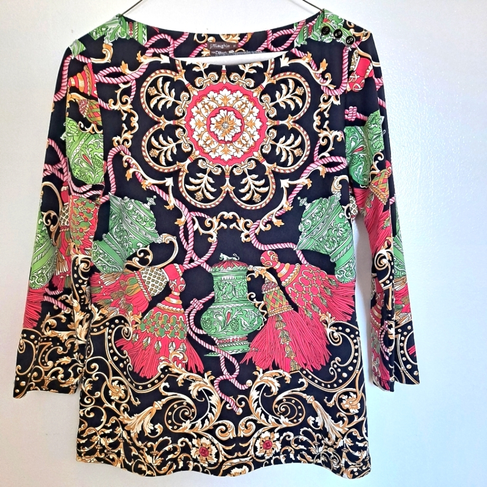 J. McLaughlin Abby Tassel Top Stretch Medium Black Urns Pink Gold